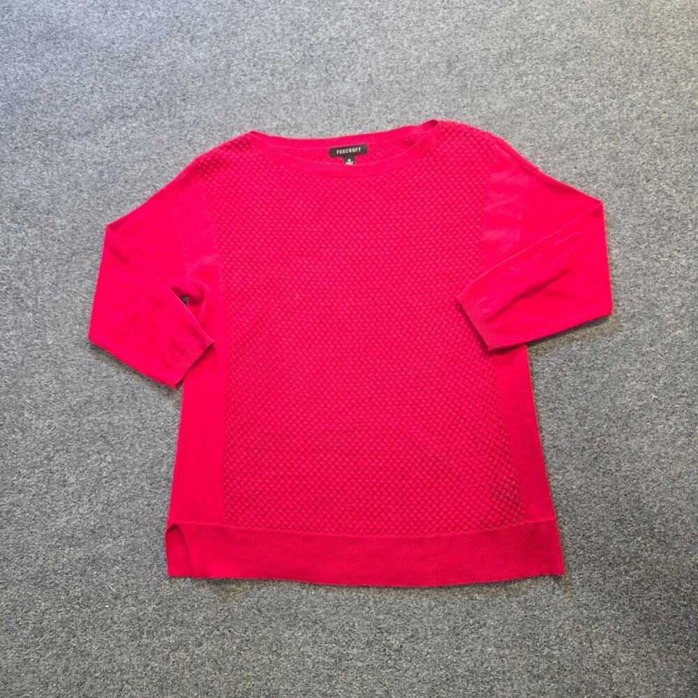 Foxcroft Sweater Womens Medium Red Open Knit 3/4 Sleeve Boat Neck Capsule Casual